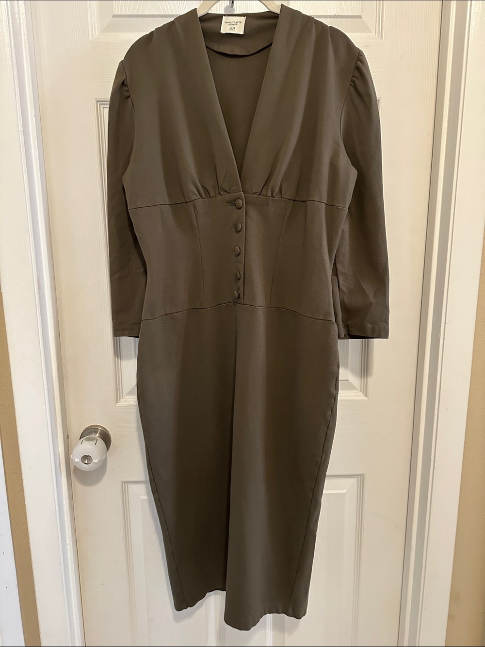 Mary Crafts Pinup Style Retro Olive V-Neck Button-Front Pencil Dress